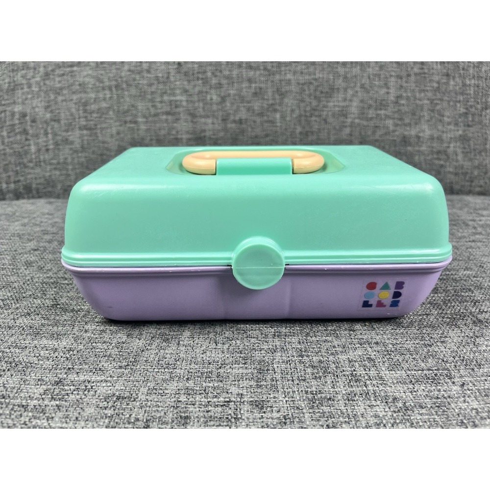 Vintage CABOODLES Small Makeup Case Mini Size Purple Teal White 9" L x 5" W